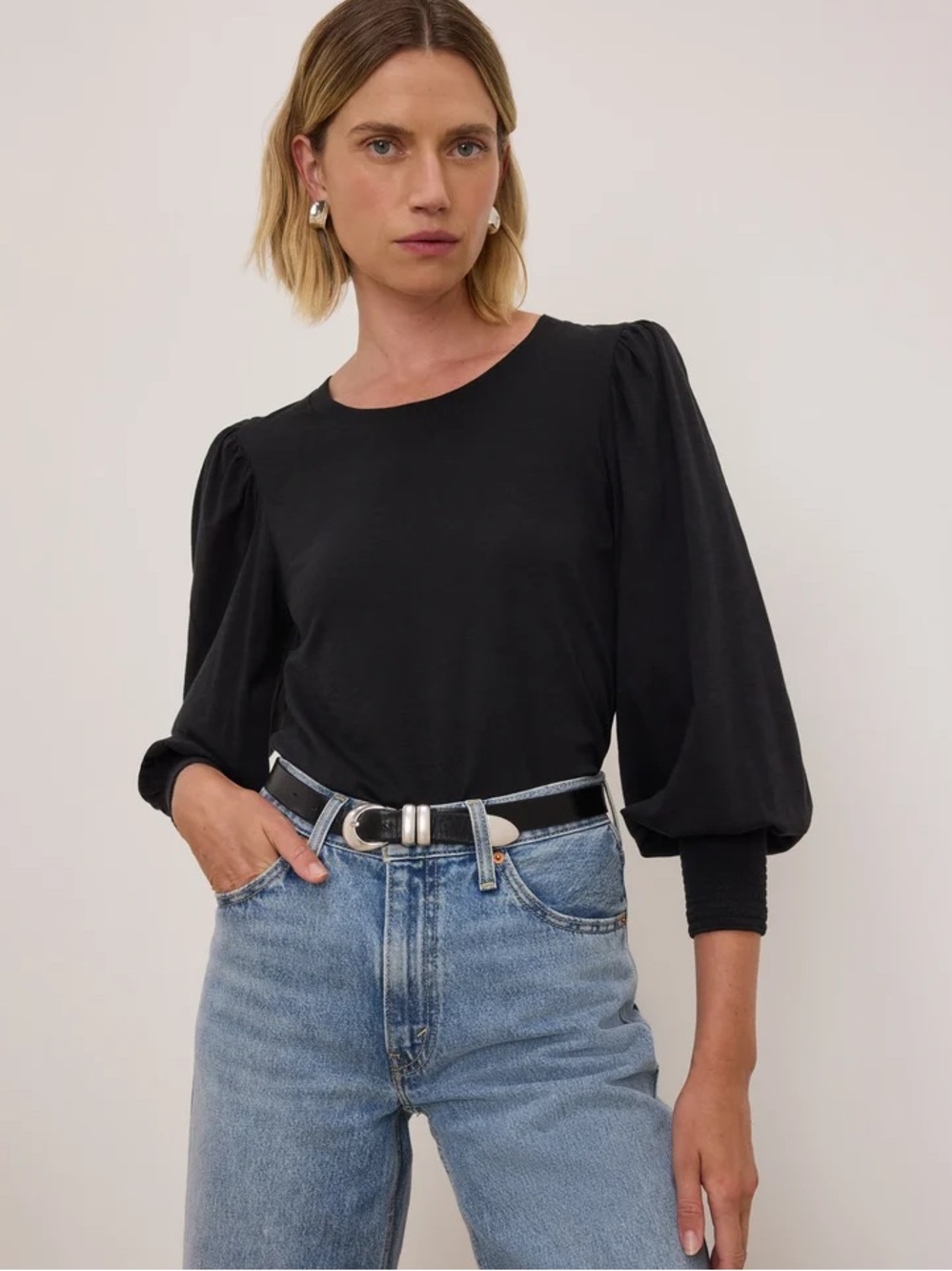 Nation LTD Loren Puff-Sleeve Long Sleeve Tee Jet Black Size Medium
